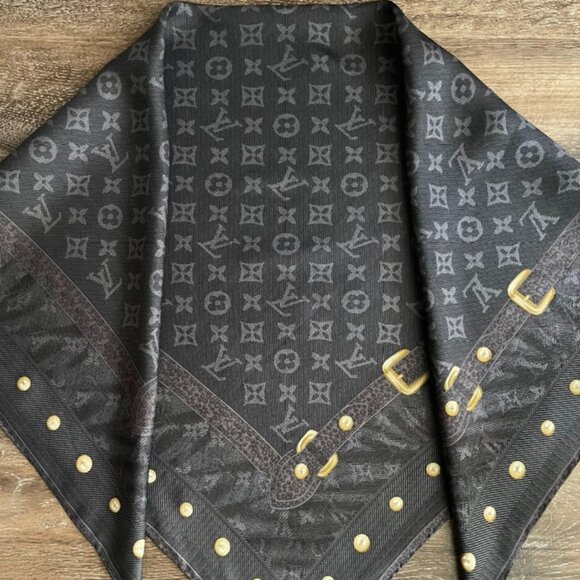 New Louis Vuitton Scarf Monogram Denim Blask Gray Square Silk Wrap - Picture 2 of 16